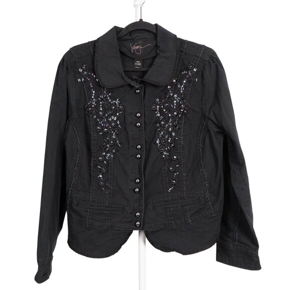 Venezia Embellished Jacket 14 16 Womens Button Up Black Fashion Rough Hem Sequin - Picture 1 of 5